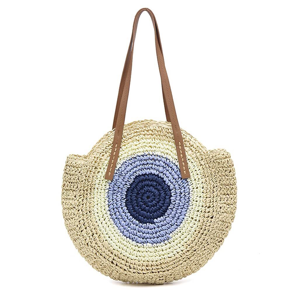 3523 Hand-Woven Simple Round Large Soft Straw Bag , Boho Color Matching